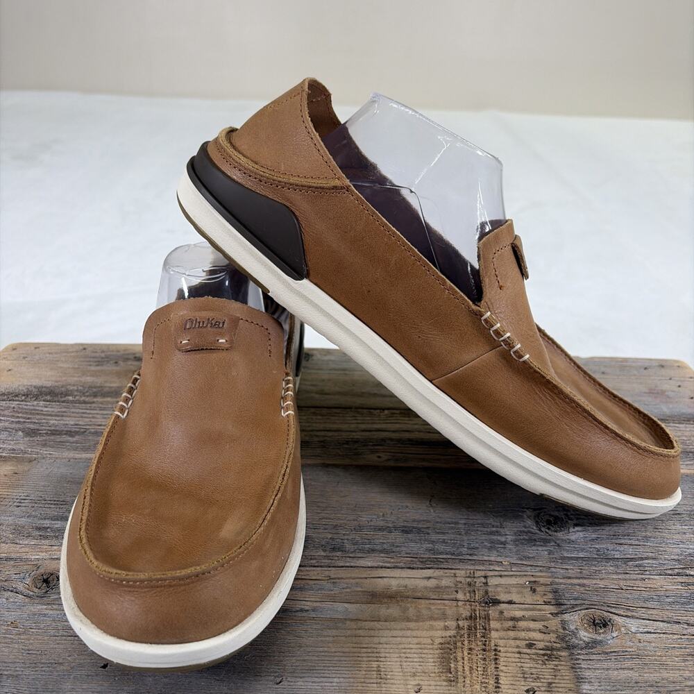 Olukai Kakaha 10490-FXFX Tan Leather Men 11.5 Slip On Collapsible Heel Loafers